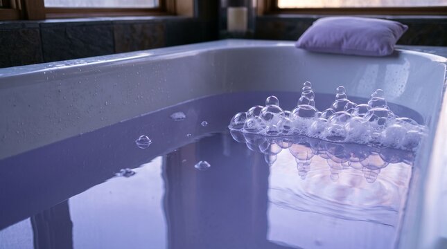 Floating bubble skyline reflects in a twilight soaking tub
