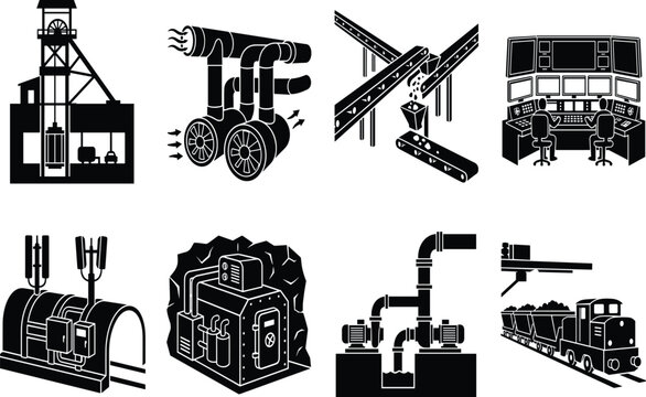 Underground Mining Infrastructure And Heavy Machinery Icon Set Featuring Headframe Control Room Ventilation And Transport Systems