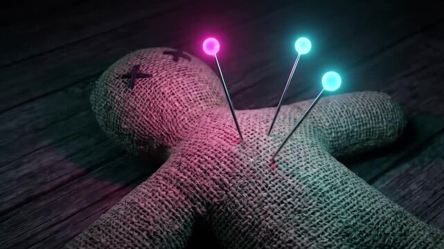 Spooky 4K Seamless Loop Burlap Voodoo Doll with Glowing Neon Pins in a Dark Haunted Room for Occult Horror Ritual
