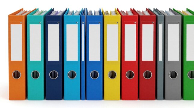 Colorful ring binders stand in neat row against white background, perfect for organizing office documents. Represent order, efficient record keeping systems, ideal for business educational themes.