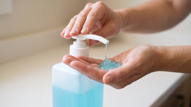 Close-Up View of a Woman Dispensing Blue Hand Sanitizer Gel from a Pump Bottle for Hand Hygiene and Disinfection