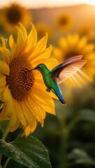 Fototapeta premium colibrí, ave, pájaro, hummingbird, naturaleza, vida silvestre, fauna, jardín, flor, girasol, néctar, polinización, polinizador, alas, vuelo, vuelo de colibrí, ave tropical, ave colorida, plumaje, plum