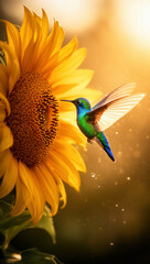 Fototapeta premium colibrí, ave, pájaro, hummingbird, naturaleza, vida silvestre, fauna, jardín, flor, girasol, néctar, polinización, polinizador, alas, vuelo, vuelo de colibrí, ave tropical, ave colorida, plumaje, plum