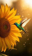 Fototapeta premium colibrí, ave, pájaro, hummingbird, naturaleza, vida silvestre, fauna, jardín, flor, girasol, néctar, polinización, polinizador, alas, vuelo, vuelo de colibrí, ave tropical, ave colorida, plumaje, plum