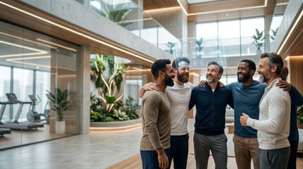 Obraz premium Diverse Group of Happy Male Colleagues Bonding and Smiling in a Modern Office Wellness Center
