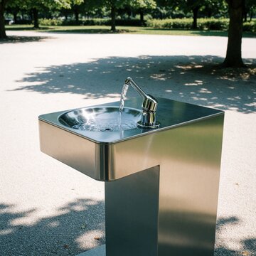 Metal drinking fountain offers cool water refreshment in a bright park setting with trees and shadows. Modern utility provides public hydration on a warm sunny day.