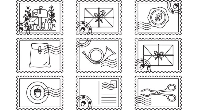 Autumn and postal service postage stamp line art icons set with mailbox pumpkins envelope and post horn vector illustration