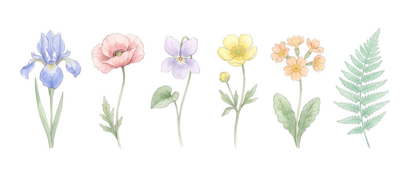 Watercolor Wildflower Botanical Illustration Set featuring blue iris, pink poppy, purple violet, yellow buttercup, primrose and green fern isolated on a dark black background for vintage floral design