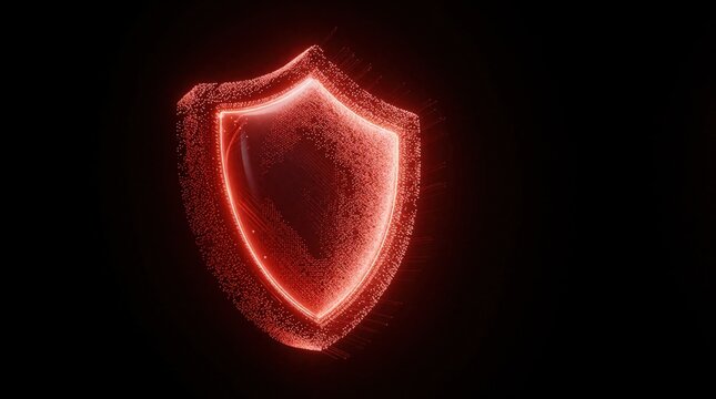 Glowing red digital shield icon pulses with data particles against dark backdrop. Symbolizes cybersecurity, data protection, and network defense against virtual threats.