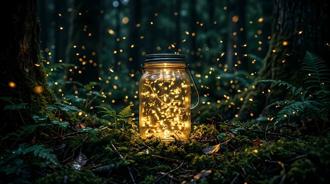 Glass mason jar filled with glowing fireflies in dark enchanted forest at night