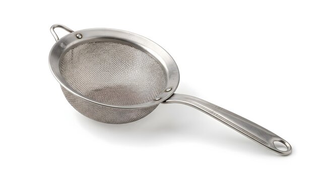 Stainless steel mesh wire strainer sieve with long handle isolated on white background.