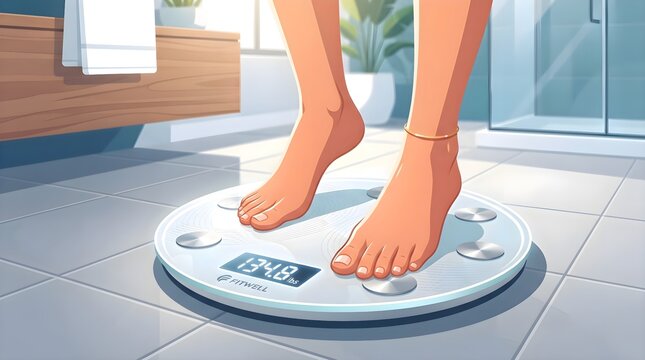 Vector illustration of bare feet standing on modern digital bathroom scale.