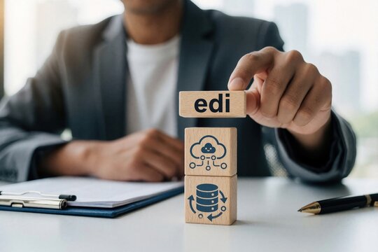 Businessman hand places wooden block with edi text on stack of cubes. Person manages electronic data interchange process in office. Cubes show cloud computing, database icons. Digital workflow