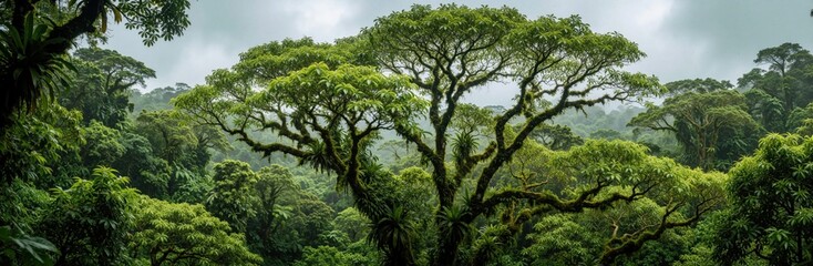 Fototapeta premium Dense tropical jungle canopy with green trees under overcast sky. Large mossy branches spread wide in wild rainforest. Exotic vegetation grows in thick forest wilderness. Natural landscape shows