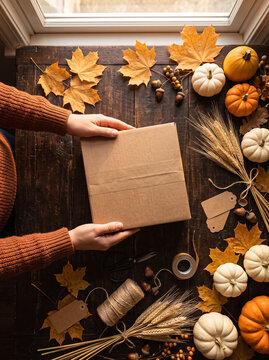 female hands hold a kraft cardboard box over a dark wooden table with autumn leaves and white pumpkins
