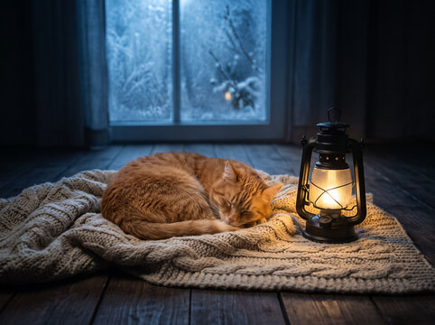 a ginger cat sleeping on a knitted blanket on a wooden floor next to a burning lantern against a frozen window at twilight