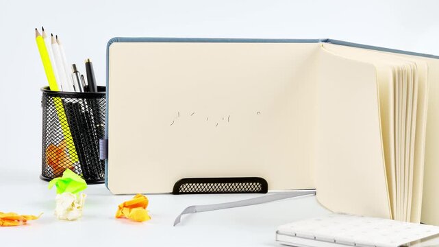 The word decision is drawn on an open notebook on a white desk with office supplies