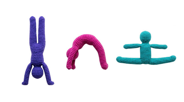 Colorful handcrafted figures in various gymnastics poses showcasing flexibility and balance in playful design