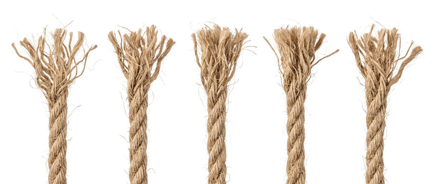 Frayed rope end hemp fiber strand breaking under pressure stress concept set isolated on black background representing danger limit burnout risk weakness and impending failure of strength and connecti