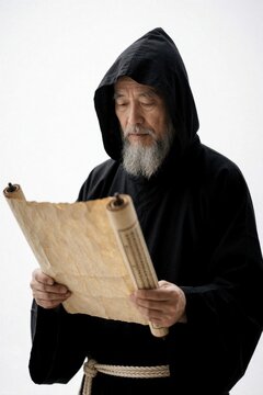 Elderly man in black monk robe reads ancient scroll. Person with grey beard and hood studies parchment. Focused wisdom study on white background.