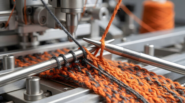 Close-up of an Automated Industrial Knitting Machine Producing High-Quality Textured Fabric with Orange and Grey Yarn Strands