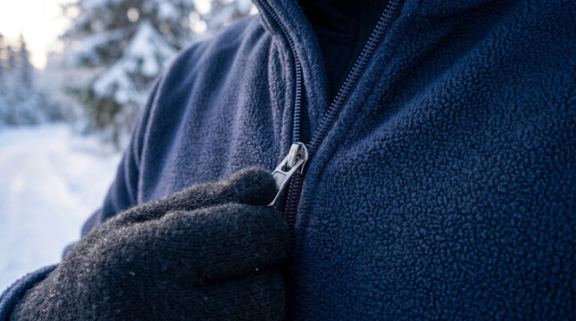 Person zipping up fleece jacket in snowy outdoor environment  