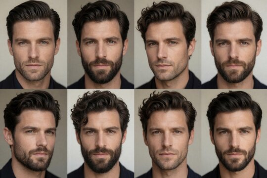 Collage of handsome man with different hair styles, beard looks. Male model shows various trendy haircuts, grooming styles, facial hair options. Close up portrait collection for barber salon, hair