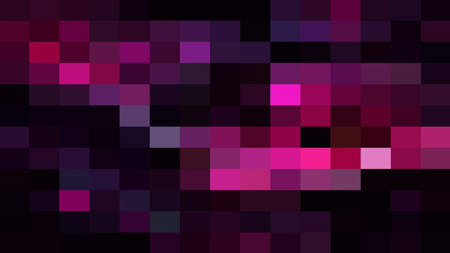 Dark purple and magenta pixel grid background featuring abstract geometric mosaic square pattern with glowing neon lights for modern futuristic technology screens and digital visual media