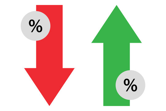 Red arrow down and green arrow up with percentage symbols for business and finance analysis