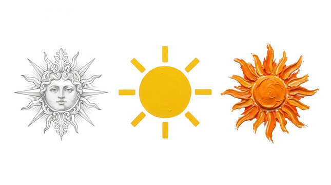 Creative interpretations of the sun featuring three distinct designs in a variety of colors and artistic styles