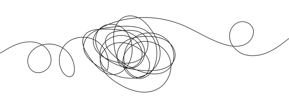 Black messy scribble line drawing with loops and tangled knot