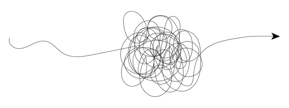 Black tangled line scribbled into a knot that becomes a straight path with an arrow pointing forward