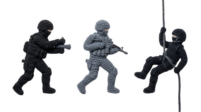 Three dynamic action figures showcasing various poses for stealth operations and rappelling techniques