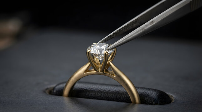 Macro shot of professional jeweler tweezers setting a clear diamond into a gold solitaire engagement ring mount
