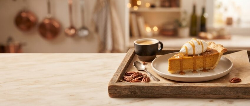 Slice of pumpkin pie with whipped cream and caramel sauce served with coffee on wooden tray. Thanksgiving dessert with pecan nuts in cozy kitchen. Autumn baking concept.