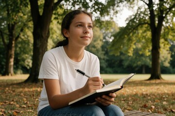 Fototapeta premium Teenage girl sits on bench in public park writing in notebook with pen. Young student stays focused journaling thoughts outdoors. Creative girl enjoys peaceful moment among green trees, sunlight.