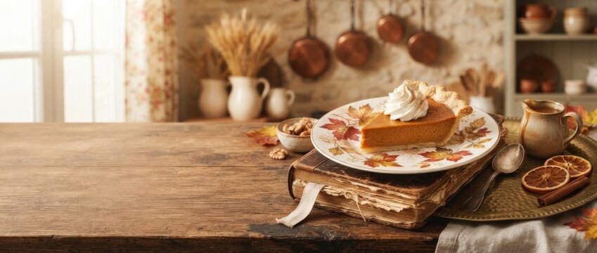 Slice of pumpkin pie with whipped cream on plate over old book on wooden table. Cozy rustic kitchen with copper pans. Thanksgiving dessert and traditional autumn baking concept