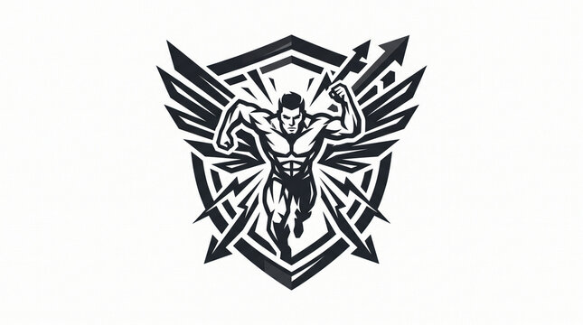 Dynamic muscular man running forward with abstract wings and lightning elements