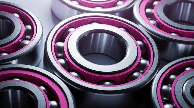 Precision metal ball bearings with pink inserts show mechanical components. Spherical rollers sit within silver rings, used in machines and industry.
