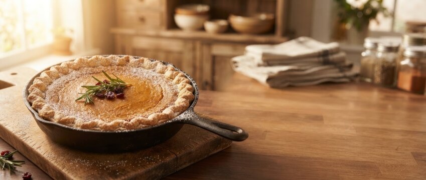Homemade pumpkin pie baked in cast iron skillet on wooden board in rustic kitchen. Traditional autumn dessert with rosemary and cranberry. Thanksgiving and holiday baking concept.