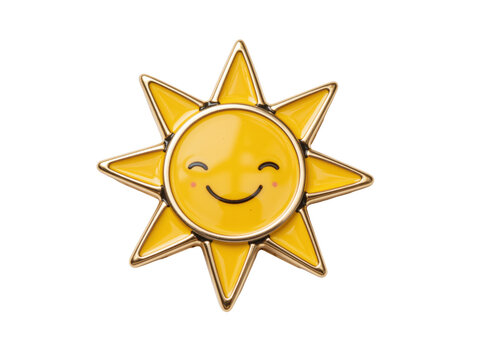 Yellow sun pin with a smiling face and gold rays, isolated on transparent background