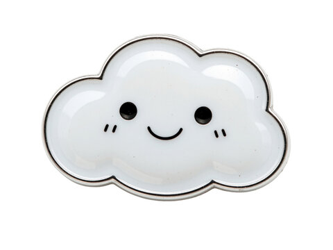 White cloud pin with a smiling face and silver outline, isolated on transparent background