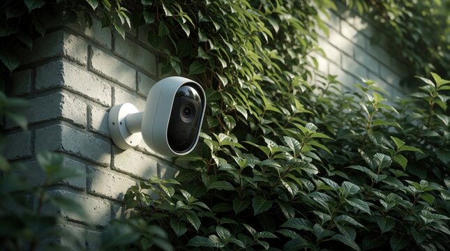 Modern security camera attached to light brick wall in rich green plants. Device monitors exterior house surroundings, providing smart home safety and digital protection.