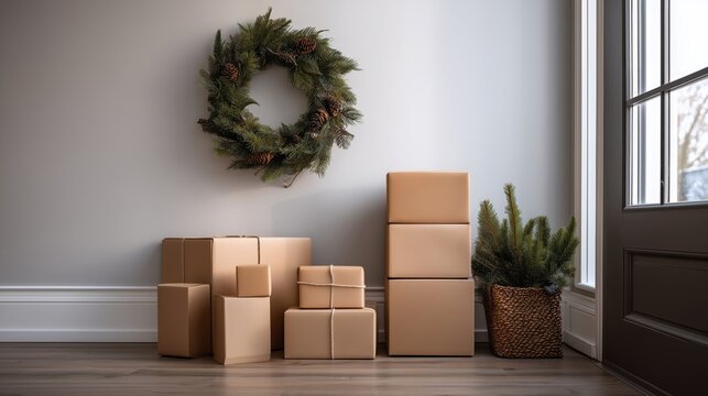 Christmas Deliveries with Wreath, Boxes, and Pine Tree by Door