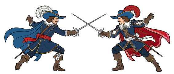 Naklejka premium Two men in historical attire fencing with swords