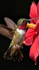 Naklejka premium Hummingbird (Archilochus colubris) hovering and drinking nectar from a bright red flower