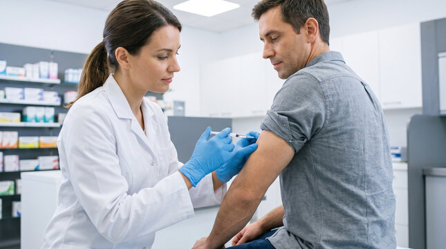 Pharmacist giving flu shot to man in pharmacy  