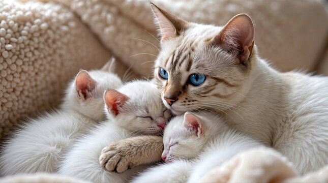Mother cat (Felis catus) with adorable sleeping kittens resting together