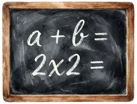 Watercolor style black chalkboard with math equations. Chalk writing shows plus sign, multiplication. Simple school math formulas on blackboard background. Educational concept for kids learning