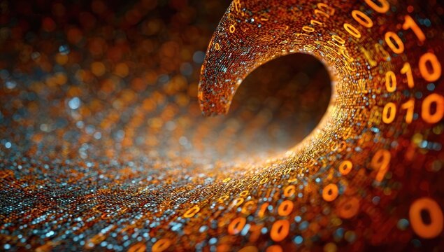 Abstract swirling fractal, binary code embedded in a dynamic, textured pattern